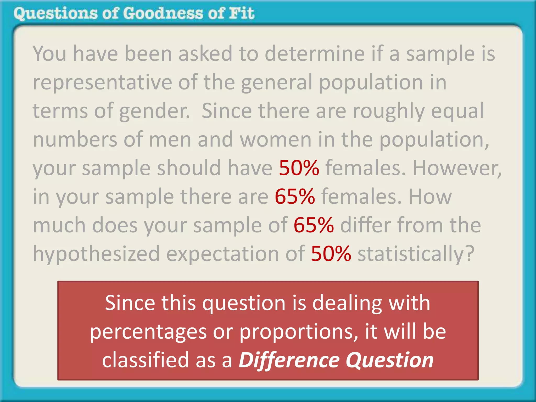 You have been asked to determine if a sample is 
representative of the general population in 
terms of gender. Since there are roughly equal 
numbers of men and women in the population, 
your sample should have 50% females. However, 
in your sample there are 65% females. How 
much does your sample of 65% differ from the 
hypothesized expectation of 50% statistically? 
Since this question is dealing with 
percentages or proportions, it will be 
classified as a Difference Question 
 