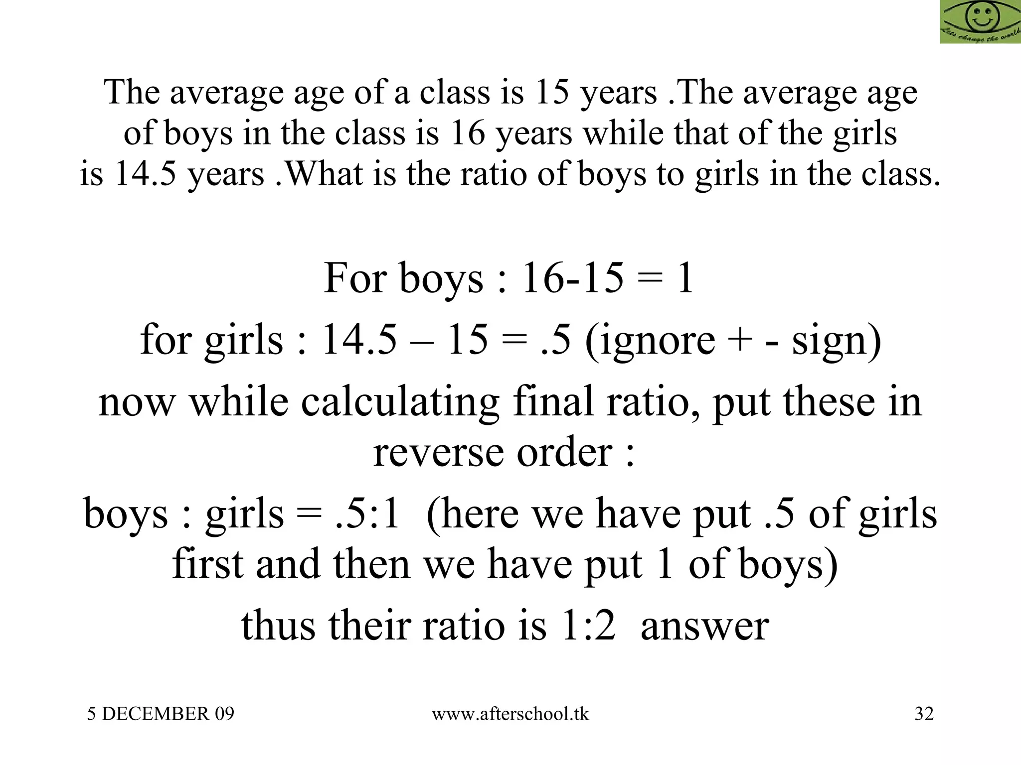 The average age of a class is 15 years .The average age of boys in the class is 16 years while that of the girls is 14.5 years .What is the ratio of boys to girls in the class. For boys : 16-15 = 1 for girls : 14.5 – 15 = .5 (ignore + - sign) now while calculating final ratio, put these in reverse order :  boys : girls = .5:1  (here we have put .5 of girls first and then we have put 1 of boys)  thus their ratio is 1:2  answer  