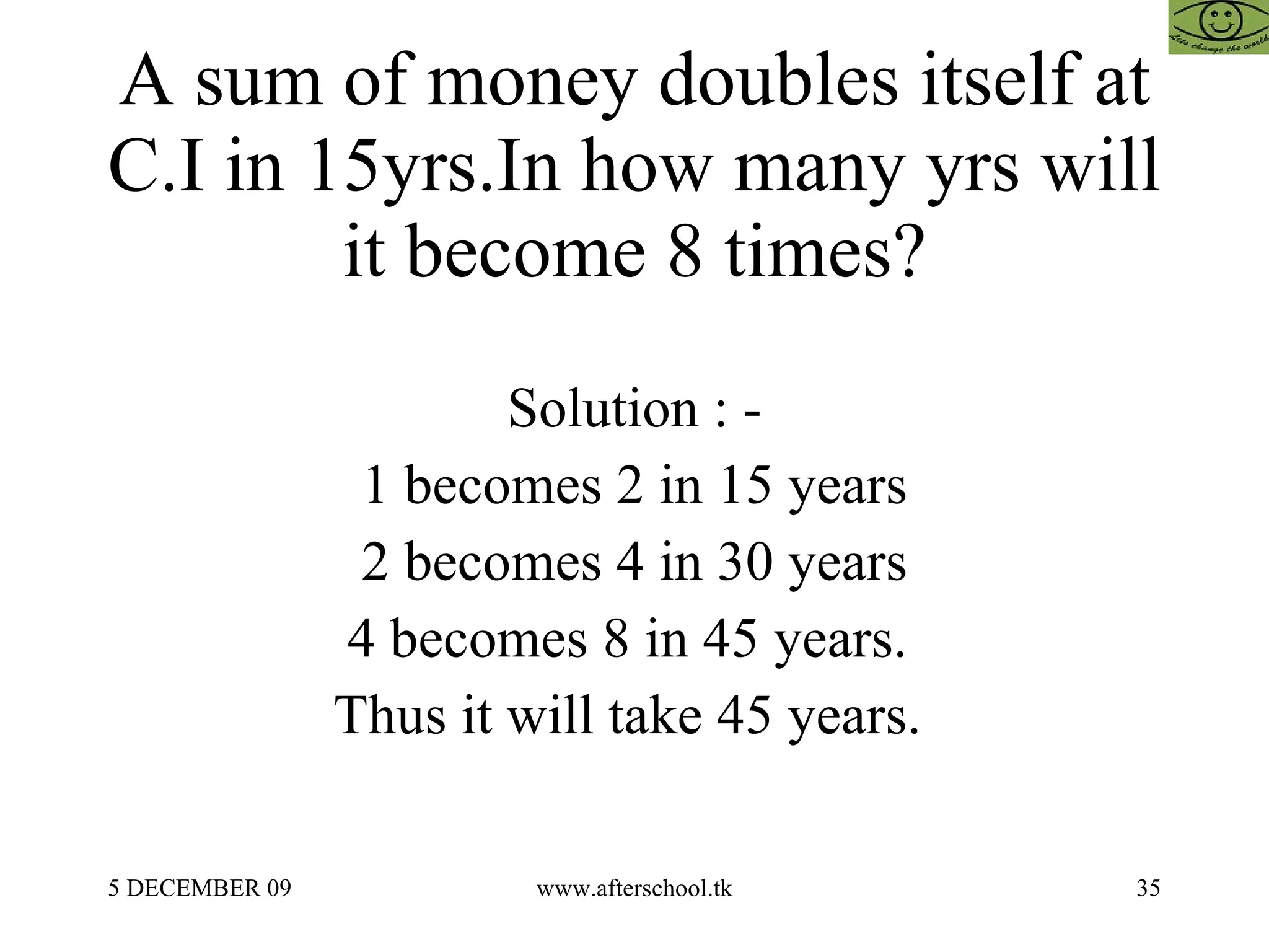 A sum of money doubles itself at C.I in 15yrs.In how many yrs will it become 8 times? Solution : - 1 becomes 2 in 15 years 2 becomes 4 in 30 years 4 becomes 8 in 45 years.  Thus it will take 45 years.  