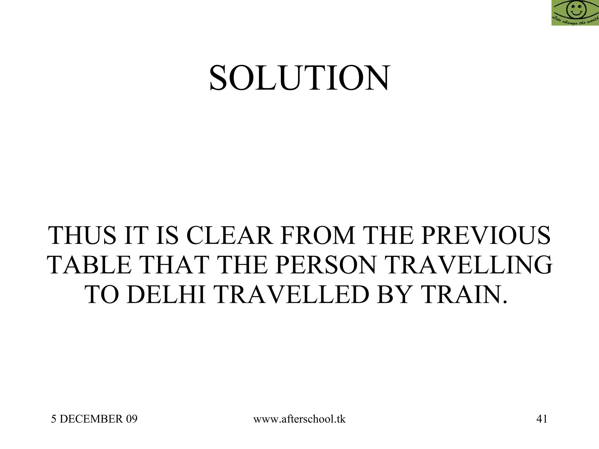SOLUTION THUS IT IS CLEAR FROM THE PREVIOUS TABLE THAT THE PERSON TRAVELLING TO DELHI TRAVELLED BY TRAIN.  