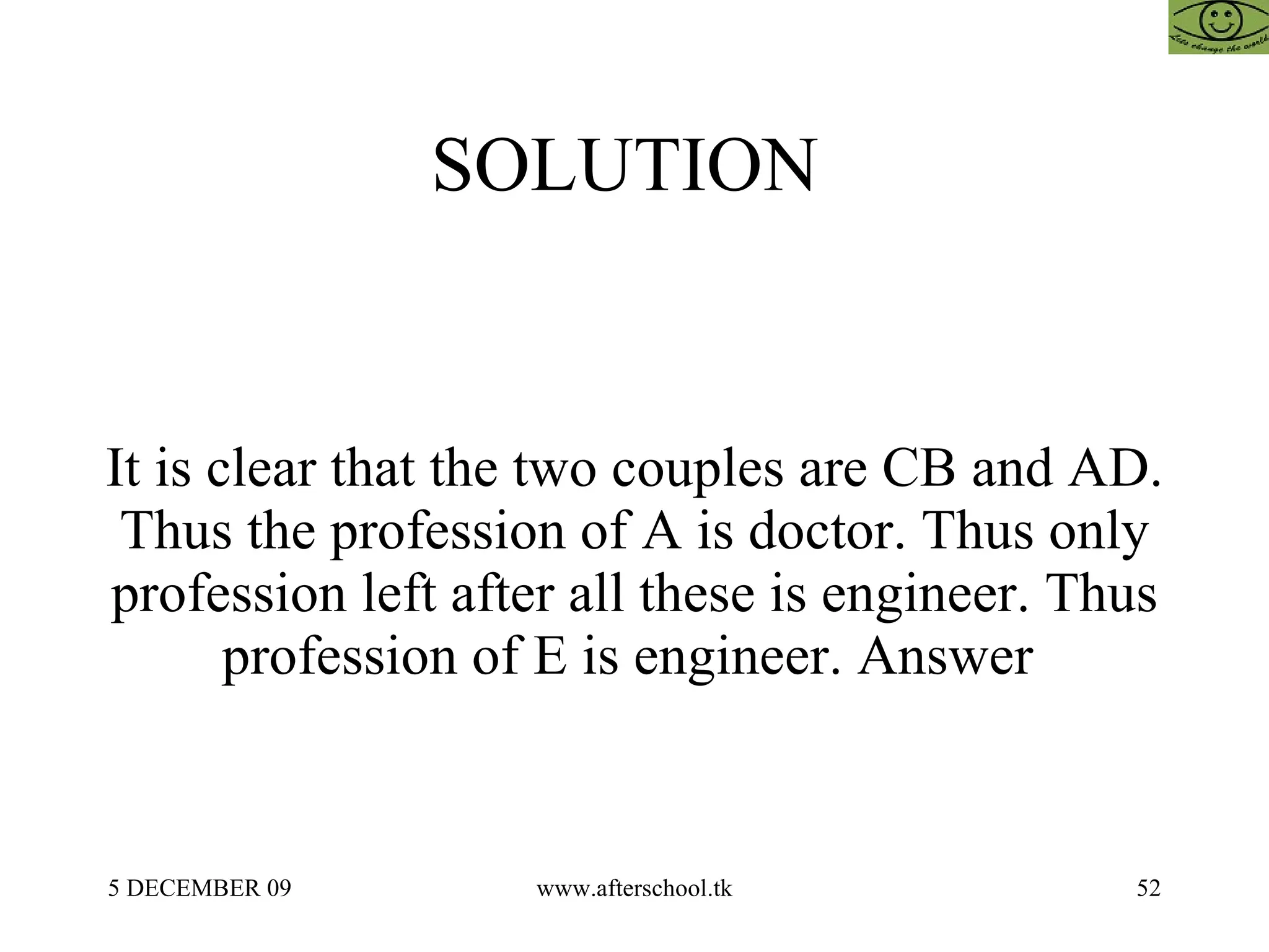 SOLUTION  It is clear that the two couples are CB and AD. Thus the profession of A is doctor. Thus only profession left after all these is engineer. Thus profession of E is engineer. Answer  