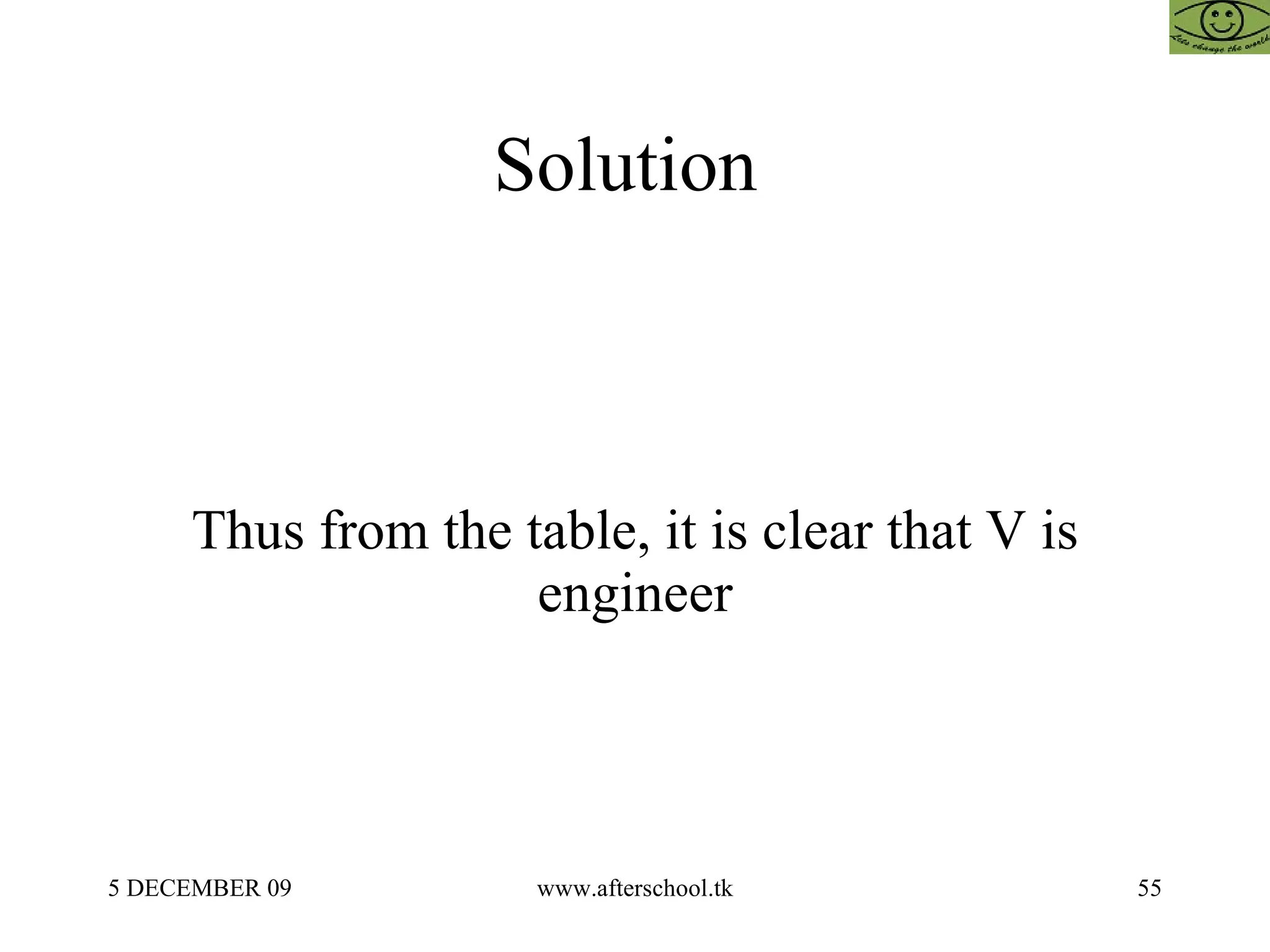Solution  Thus from the table, it is clear that V is engineer 