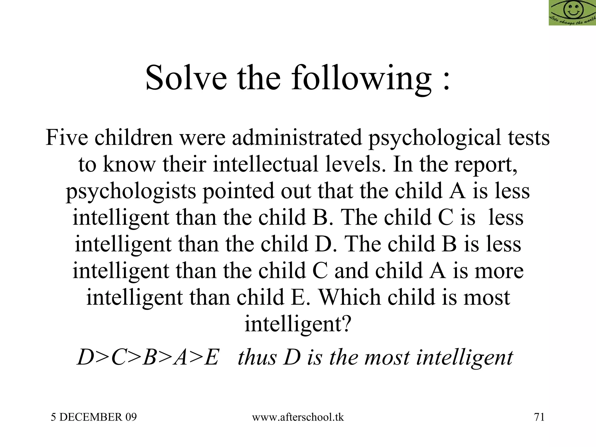 Solve the following :  Five children were administrated psychological tests to know their intellectual levels. In the report, psychologists pointed out that the child A is less intelligent than the child B. The child C is  less intelligent than the child D. The child B is less intelligent than the child C and child A is more intelligent than child E. Which child is most intelligent? D>C>B>A>E  thus D is the most intelligent  