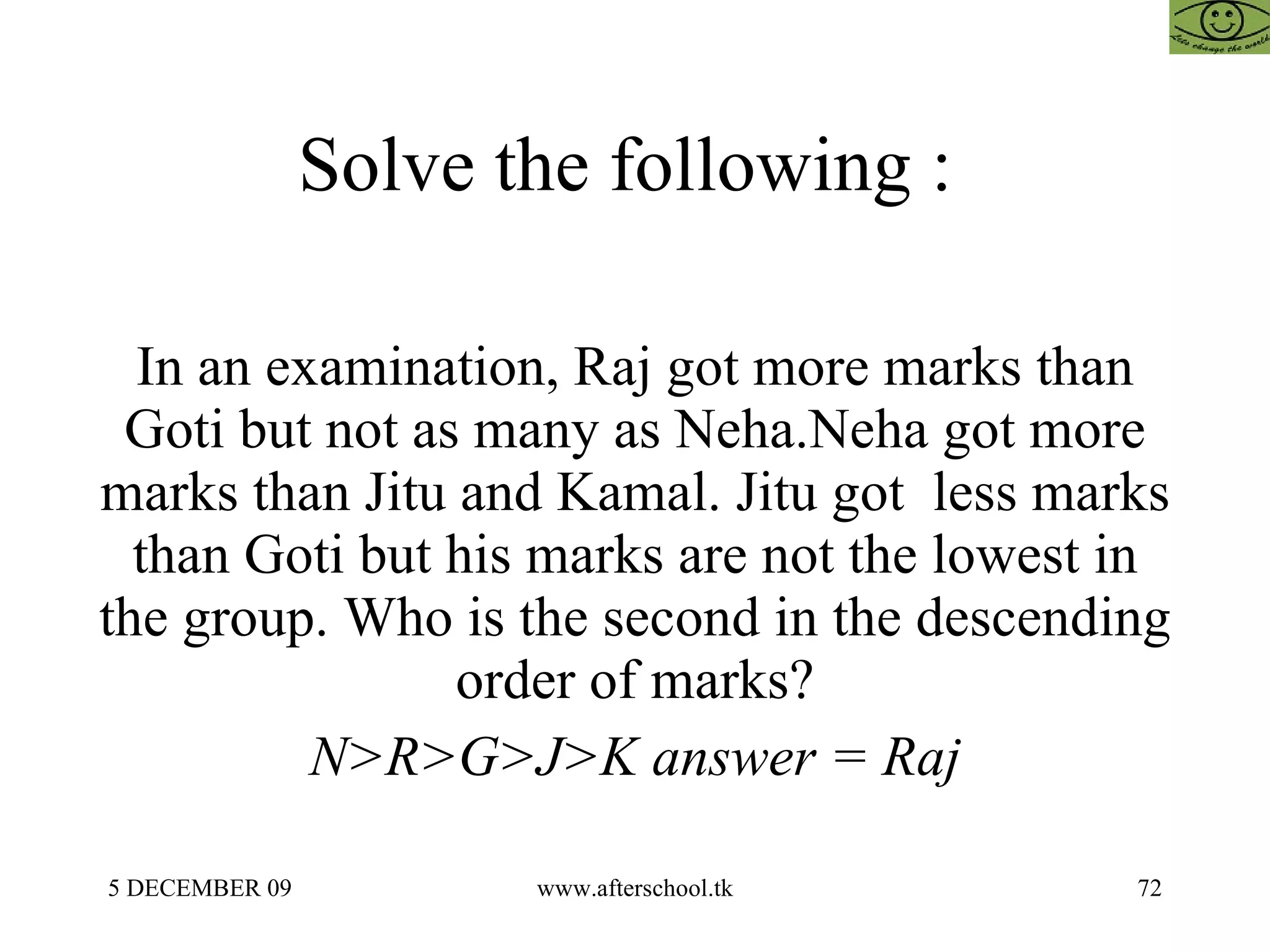 Solve the following :  In an examination, Raj got more marks than Goti but not as many as Neha.Neha got more marks than Jitu and Kamal. Jitu got  less marks than Goti but his marks are not the lowest in the group. Who is the second in the descending order of marks? N>R>G>J>K answer = Raj 