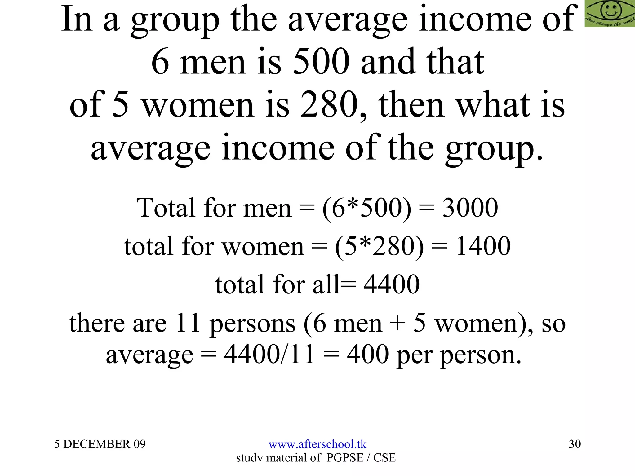 In a group the average income of 6 men is 500 and that of 5 women is 280, then what is average income of the group. Total for men = (6*500) = 3000 total for women = (5*280) = 1400 total for all= 4400 there are 11 persons (6 men + 5 women), so average = 4400/11 = 400 per person.  