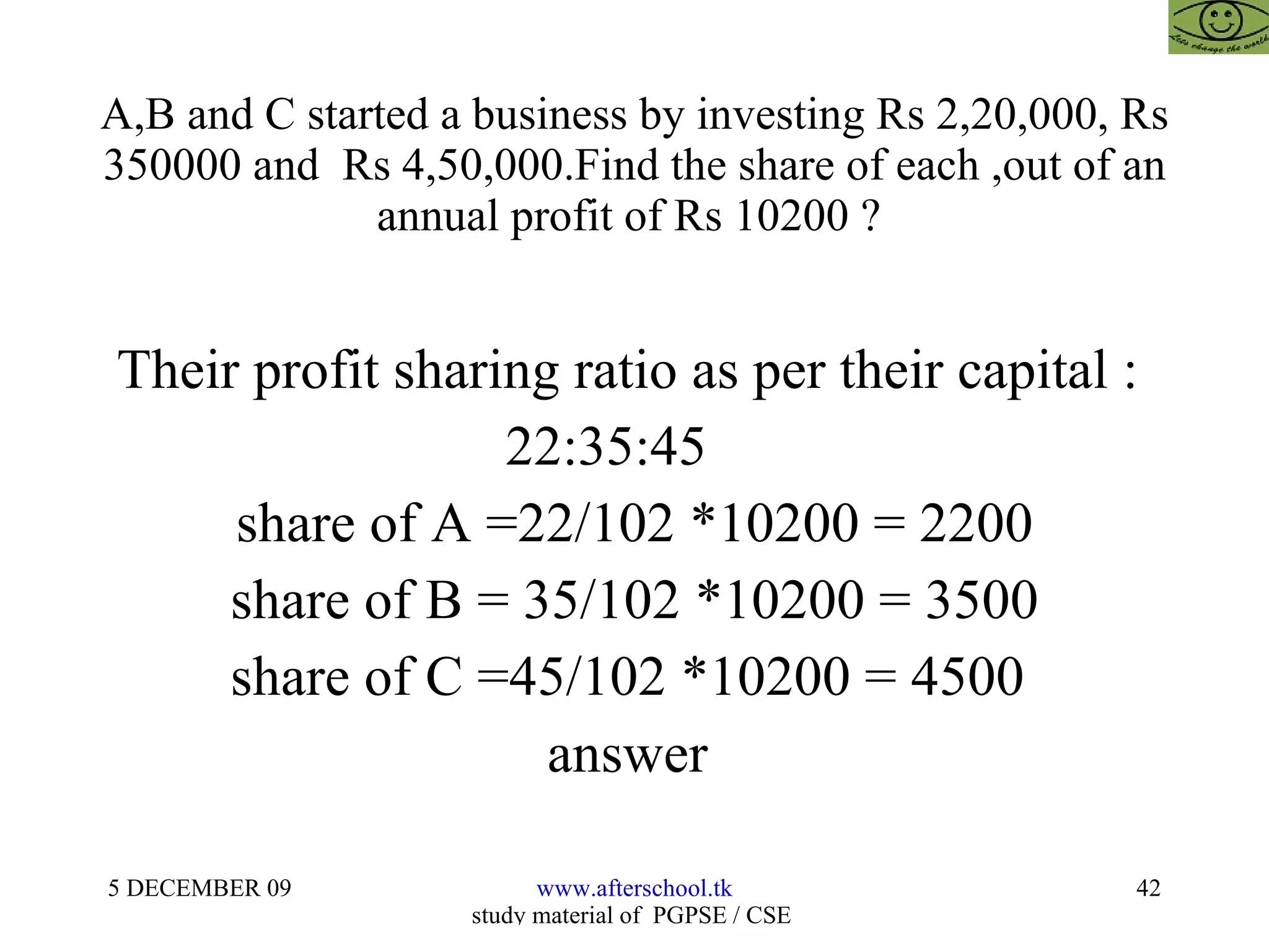 A,B and C started a business by investing Rs 2,20,000, Rs 350000 and  Rs 4,50,000.Find the share of each ,out of an annual profit of Rs 10200 ?  Their profit sharing ratio as per their capital :  22:35:45  share of A =22/102 *10200 = 2200 share of B = 35/102 *10200 = 3500 share of C =45/102 *10200 = 4500  answer  