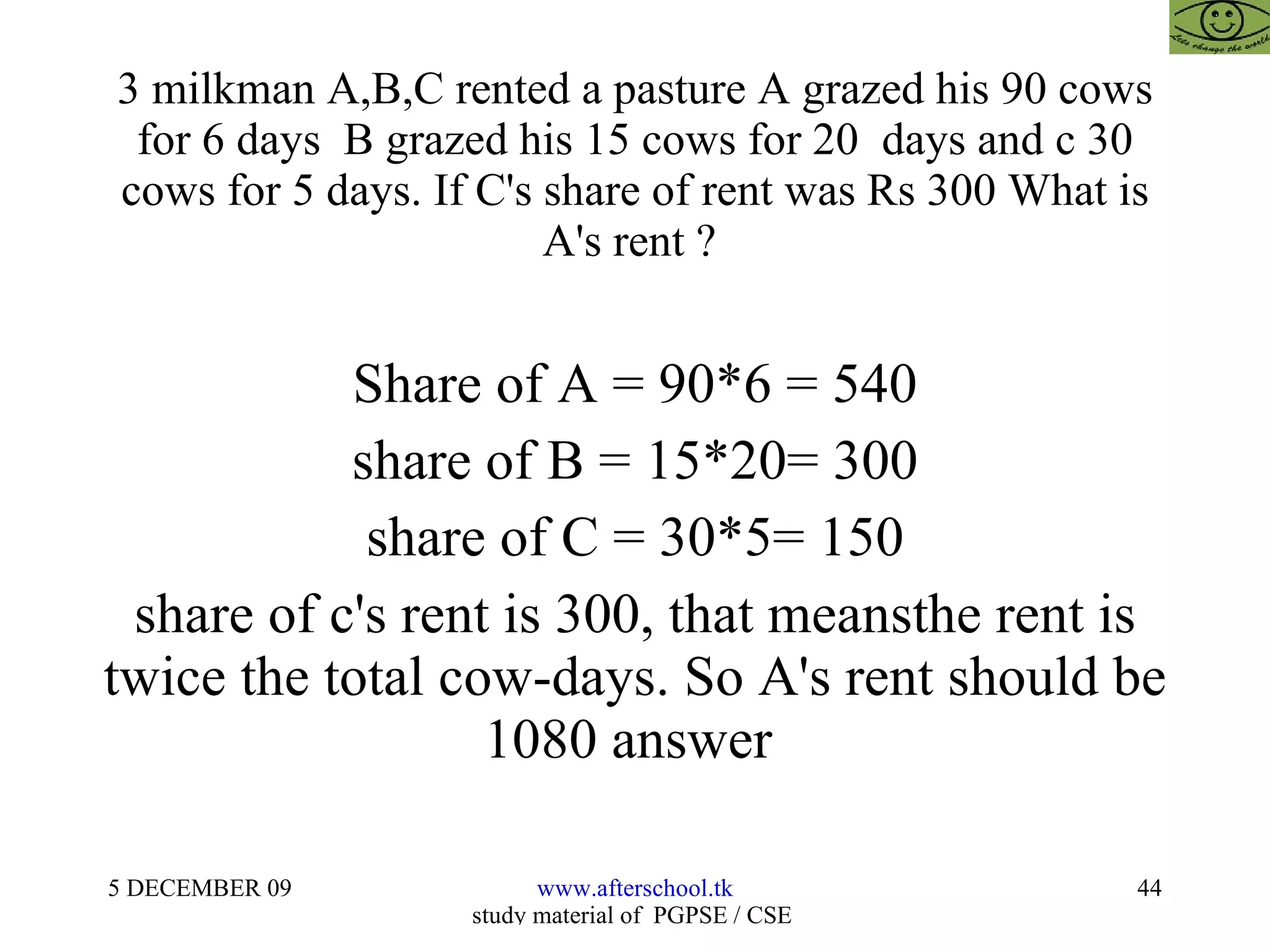 3 milkman A,B,C rented a pasture A grazed his 90 cows for 6 days  B grazed his 15 cows for 20  days and c 30 cows for 5 days. If C's share of rent was Rs 300 What is A's rent ?  Share of A = 90*6 = 540 share of B = 15*20= 300 share of C = 30*5= 150 share of c's rent is 300, that meansthe rent is twice the total cow-days. So A's rent should be 1080 answer  