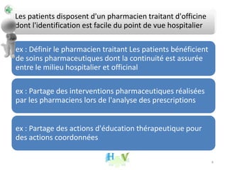 Les patients disposent d'un pharmacien traitant d'officine
dont l'identification est facile du point de vue hospitalier
ex : Définir le pharmacien traitant Les patients bénéficient
de soins pharmaceutiques dont la continuité est assurée
entre le milieu hospitalier et officinal
ex : Partage des interventions pharmaceutiques réalisées
par les pharmaciens lors de l'analyse des prescriptions
ex : Partage des actions d'éducation thérapeutique pour
des actions coordonnées
4
 