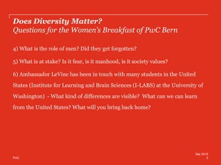 PwC
Does Diversity Matter?
Questions for the Women’s Breakfast of PwC Bern
4) What is the role of men? Did they get forgotten?
5) What is at stake? Is it fear, is it manhood, is it society values?
6) Ambassador LeVine has been in touch with many students in the United
States (Institute for Learning and Brain Sciences (I-LABS) at the University of
Washington) - What kind of differences are visible? What can we can learn
from the United States? What will you bring back home?
2
Mai 2015
 