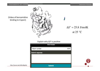 Department
of
Chemistry
Explain
why
ΔSo
is
posiUve
hWp://youtu.be/zKNmBjqGijI
ΔSo
= 25.8 J/molK
at 25 o
C
(Video
of
benzamidine
binding
to
trypsin)