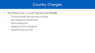 • The Real Cost = Local Payroll Fees PLUS:
‒ Training classes and seminars annually
‒ New legislative requirements
‒ Backup Resource
‒ Auditing & SOX compliance
‒ Disaster Recovery Plan
Country Charges
 