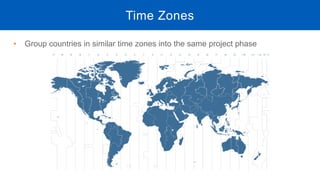 • Group countries in similar time zones into the same project phase
Time Zones
 