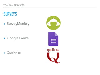 ▸ SurveyMonkey
▸ Google Forms
▸ Qualtrics
TOOLS & SERVICES
SURVEYS
 