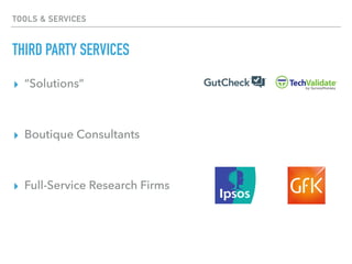 TOOLS & SERVICES
THIRD PARTY SERVICES
▸ “Solutions”
▸ Boutique Consultants
▸ Full-Service Research Firms
 