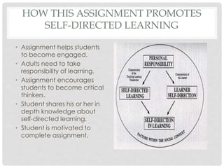 HOW THIS ASSIGNMENT PROMOTES
SELF-DIRECTED LEARNING
• Assignment helps students
to become engaged.
• Adults need to take
responsibility of learning.
• Assignment encourages
students to become critical
thinkers.
• Student shares his or her in
depth knowledge about
self-directed learning.
• Student is motivated to
complete assignment.
 