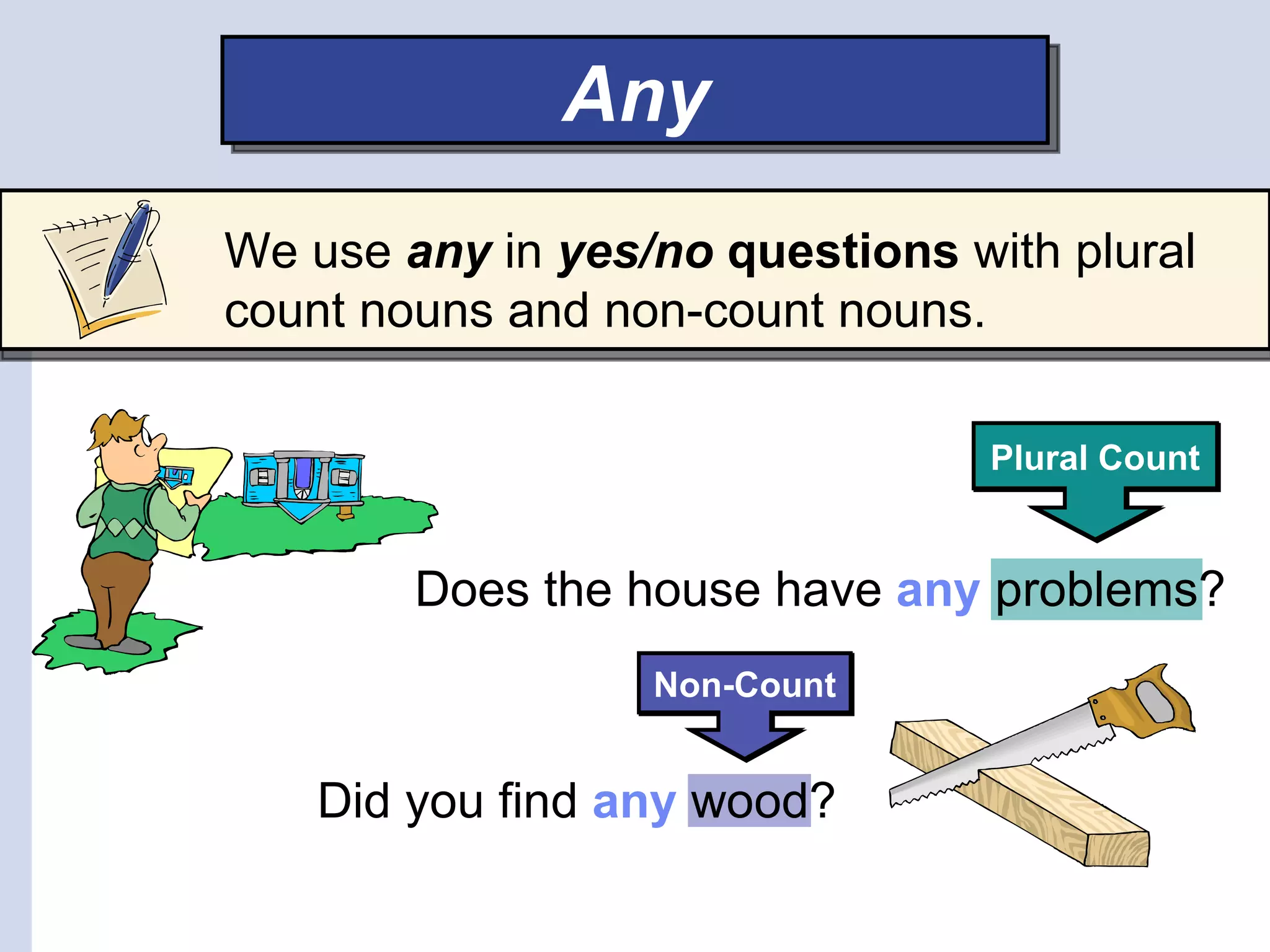 Any
We use any in yes/no questions with plural
count nouns and non-count nouns.

                                 Plural Count


        Does the house have any problems?
                  Non-Count


    Did you find any wood?
 