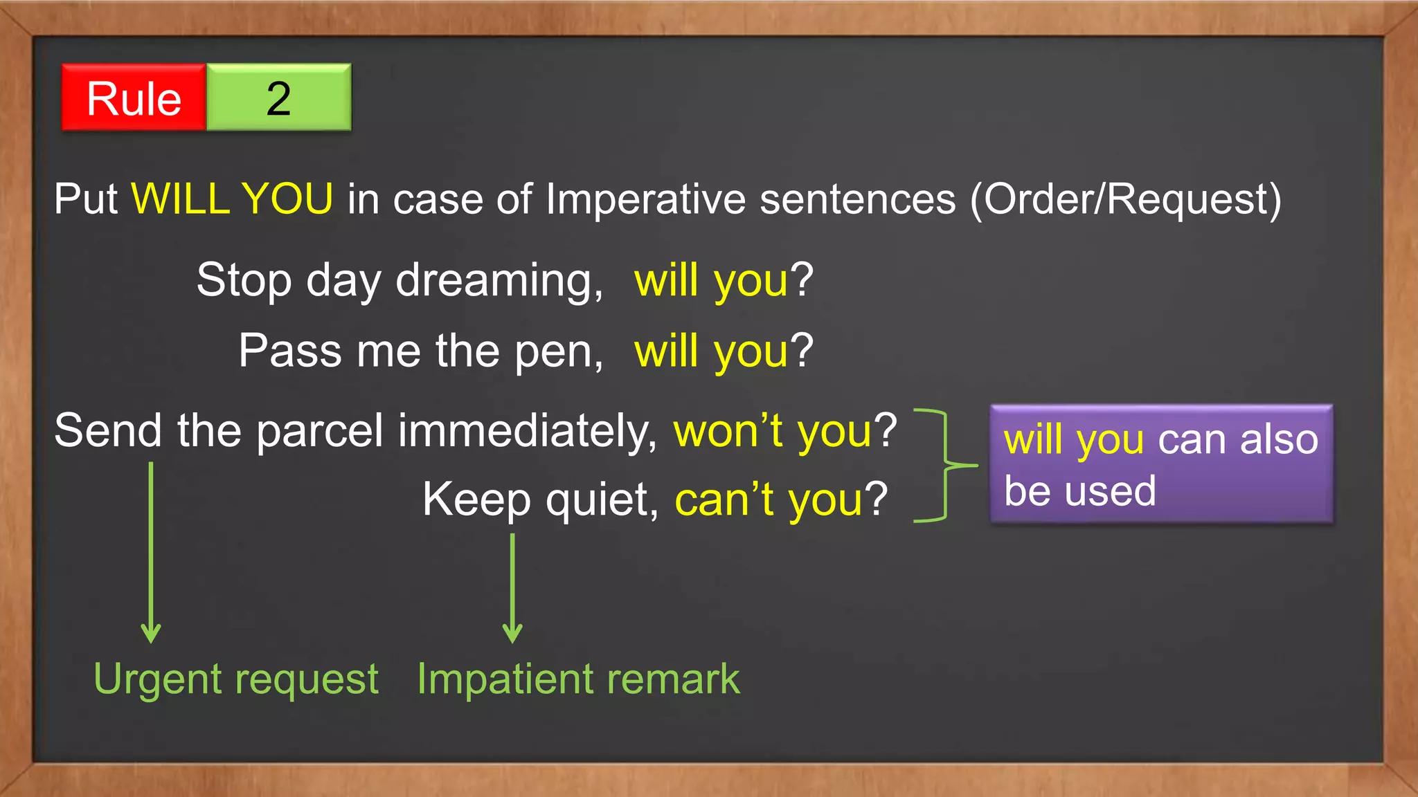 Rule 2
Put WILL YOU in case of Imperative sentences (Order/Request)
Stop day dreaming, will you?
Pass me the pen, will you?
Send the parcel immediately, won’t you?
Keep quiet, can’t you?
will you can also
be used
Urgent request Impatient remark
 