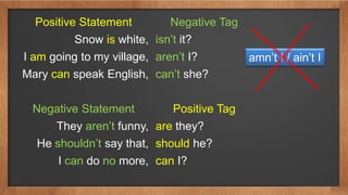 Positive Statement Negative Tag
Snow is white, isn’t it?
I am going to my village, aren’t I?
Mary can speak English, can’t she?
Negative Statement Positive Tag
They aren’t funny, are they?
He shouldn’t say that, should he?
I can do no more, can I?
amn’t I / ain’t I
 