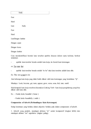 Early
Fast
Hard
Late Early
Fast
Hard
LateDengan lambat
Dengan cepat
Dengan keras
Dengan lambat
Cara menidentifikasi bentuk kata tersebut apabila disusun dalam suatu kalimat, berikut
uraiannya:
- apabila kata tersebut berada setelah kata kerja, itu berarti kata keterangan
ex: Tye runn fast
- apabila kata tersebut berada setelah “to be” mka kata tersebut adalah kata sifat.
Ex: This test is hard to do
Ada beberapa kata kerja yang tidak boleh diikuti oleh kata keterangan yang berakhiran “ly”.
Misalnya: Look, become, get, taste, appear, grow, seem, soun, feel, tunr, smoll.
Sekelompaok kata kerja tersebut dinamakan Linking Verb / kata kerja penghubung yang bisa
diikuti oleh kata sifat.
Ex : – Farida looks beautiful ( benar )
– Farida looks beautifully ( salah )
Comparasion of Adverb (Perbandingan Kata Keterangan)
Setiap ketentuan yang berlaku dalam abjective berlaku pula dalam comparasion of adverb.
1. Adverb yang pendek, mendapat akhiran “er” untuk komparatif (tingkat lebih) dan
mendapat akhiran “est” superlative (tingkat paling).
 