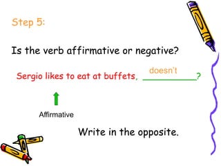 Step 5:
Is the verb affirmative or negative?
Sergio likes to eat at buffets, __________?
Write in the opposite.
Affirmative
doesn’t
 