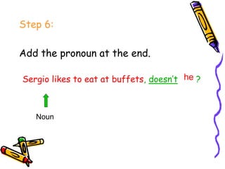 Step 6:
Add the pronoun at the end.
Sergio likes to eat at buffets, doesn’t ?
Noun
he
 