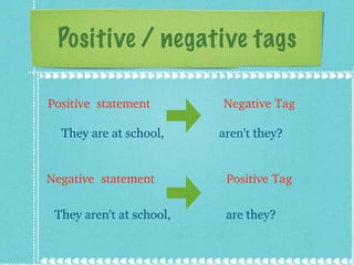 Positive / negative tags Positive  statement Negative  statement Negative Tag Positive Tag They  are  at school, aren’t  they? They  aren’t  at school, are  they? 