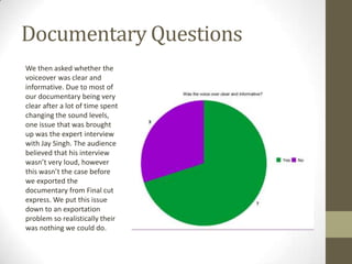 Documentary Questions
We then asked whether the
voiceover was clear and
informative. Due to most of
our documentary being very
clear after a lot of time spent
changing the sound levels,
one issue that was brought
up was the expert interview
with Jay Singh. The audience
believed that his interview
wasn’t very loud, however
this wasn’t the case before
we exported the
documentary from Final cut
express. We put this issue
down to an exportation
problem so realistically their
was nothing we could do.

 