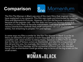The film The Woman in Black was one of the main films that inspired me as I
have explained in my research. This film was made and distributed by Hammer
films and Momentum Pictures. However, this film did become mainstream
because of the popular cast - my film does not have any famous actors in it
and thus it is less likely to become mainstream. I will have to rely on the
various distribution methods that small companies use such as premiering
online, live streaming to peoples TV’s and laptops.
In some ways my film is similar to the film The Woman in Black in so far as
there are elements of suspense in both films and dark shadowy figures
complete with eerie tension building music; however it differs from this film
due to the lack of famous actors as mentioned, and also the juxtaposition of
the old and the new, for example, the modern Mercedes car with the old
house. So the films ideology will be somewhat different from the standard
horror film so distribution could go either way in terms of the big screen or the
small screen.
Comparison
 
