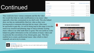 Continued
They could also leave various comments and like the video
this would then help me make modifications to my music video
especially when they commented on my draft work. This also helped
show me that my marketability liked my video as they were
leaving positive comments showing that my music video must
be successful to gain this. As well as being used in this stage it was also
used in my research and planning stage to look at already exciting
music videos to see what made them so good. This was useful as it also
helped me gather information on the conventions of music videos and
in particular the conventions of my chosen genre, pop. This then
enabled me to create a professional music video which is what I
originally set out to try to create.
 