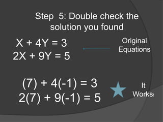 Step  5: Double check the solution you foundX + 4Y = 32X + 9Y = 5Original Equations(7) + 4(-1) = 32(7) + 9(-1) = 5It Works!