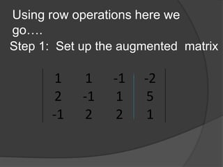 Using row operations here we go….Step 1:  Set up the augmented  matrix 