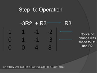 Step  5: Operation -3R2  + R3            R3Notice no change was made to R1 and R2 R1 = Row One and R2 = Row Two and R3 = Row Three