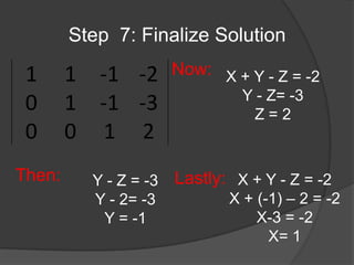 Step  7: Finalize Solution Now:X + Y - Z = -2Y - Z= -3Z = 2Then:Lastly:X + Y - Z = -2X + (-1) – 2 = -2X-3 = -2X= 1 Y - Z = -3Y - 2= -3Y = -1
