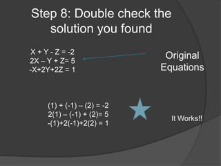 Step 8: Double check the solution you foundX + Y - Z = -22X – Y + Z= 5-X+2Y+2Z = 1Original Equations(1) + (-1) – (2) = -22(1) – (-1) + (2)= 5-(1)+2(-1)+2(2) = 1It Works!!