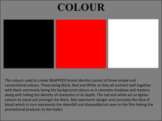 COLOUR

[j

The colours used to create SNAPPEDS brand identity consist of three simple and
conventional colours. These being Black, Red and White as they all contrast well together
with black commonly being the background colours as it connotes shadows and mystery
along with hiding the identity of characters in its depth. The red and white act as lighter
colours to stand out amongst the black. Red represents danger and connotes the idea of
blood which in turn represents the downfall and disequilibrium seen in the film linking the
promotional products to the trailer.

 