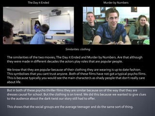 The Day it Ended

Murder by Numbers

Similarities: clothing

The similarities of the two movies; The Day it Ended and Murder by Numbers. Are that although
they were made in different decades the actors play roles that are popular people.
We know that they are popular because of their clothing they are wearing is up to date fashion.
This symbolises that you cant trust anyone. Both of these films have not got a typical psycho films.
This is because typically you would see the main character/s as shady people that don’t really care
about life.
But in both of these psycho thriller films they are similar because on of the way that they are
dresses causal for school. But the clothing is on trend. We did this because we wanted to give clues
to the audience about the dark twist our story still had to offer.
This shows that the social groups are the average teenager and do the same sort of thing.

 