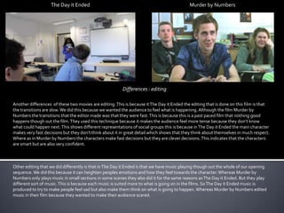 The Day it Ended

Murder by Numbers

Differences : editing
Another differences of these two movies are editing. This is because it The Day it Ended the editing that is done on this film is that
the transitions are slow. We did this because we wanted the audience to feel what is happening. Although the film Murder by
Numbers the transitions that the editor made was that they were fast. This is because this is a past paced film that nothing good
happens though out the film. They used this technique because it makes the audience feel more tense because they don’t know
what could happen next. This shows different representations of social groups this is because in The Day it Ended the main character
makes very fast decisions but they don’t think about it in great detail which shows that they think about themselves in much respect.
Where as in Murder by Numbers the characters make fast decisions but they are clever decisions. This indicates that the characters
are smart but are also very confident.

Other editing that we did differently is that in The Day it Ended is that we have music playing though out the whole of our opening
sequence. We did this because it can heighten peoples emotions and how they feel towards the character. Whereas Murder by
Numbers only plays music in small sections in some scenes they also did it for the same reasons as The Day it Ended. But they play
different sort of music. This is because each music is suited more to what is going on in the films. So The Day it Ended music is
produced to try to make people feel sad but also make them think on what is going to happen. Whereas Murder by Numbers edited
music in their film because they wanted to make their audience scared.

 