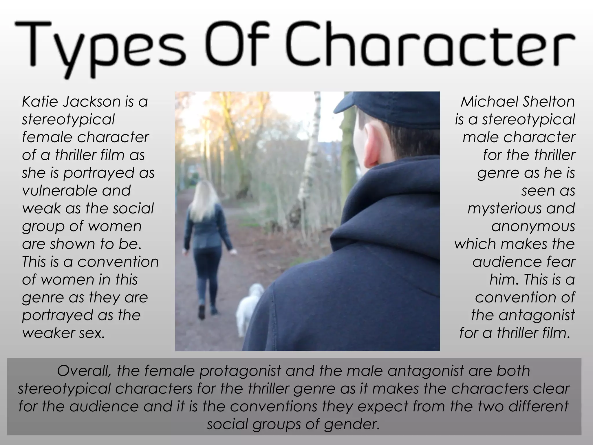 Katie Jackson is a
stereotypical
female character
of a thriller film as
she is portrayed as
vulnerable and
weak as the social
group of women
are shown to be.
This is a convention
of women in this
genre as they are
portrayed as the
weaker sex.
Michael Shelton
is a stereotypical
male character
for the thriller
genre as he is
seen as
mysterious and
anonymous
which makes the
audience fear
him. This is a
convention of
the antagonist
for a thriller film.
Overall, the female protagonist and the male antagonist are both
stereotypical characters for the thriller genre as it makes the characters clear
for the audience and it is the conventions they expect from the two different
social groups of gender.
 