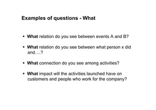 Examples of what questions 
 What relation do you see between events A and B? 
 What relation do you see between what person x did 
and….? 
 What connection do you see among activities? 
 What impact will the activities launched have on 
customers and people who work for the company? 
 