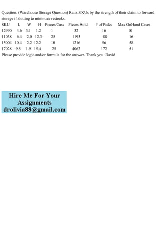 Question: (Warehouse Storage Question) Rank SKUs by the strength of their claim to forward
storage if slotting to minimize restocks.
SKU L W H Pieces/Case Pieces Sold # of Picks Max OnHand Cases
12990 4.6 3.1 1.2 1 32 16 10
11038 6.4 2.0 12.3 25 1193 88 16
15004 10.4 2.2 12.2 10 1216 56 58
17028 9.5 1.9 15.4 25 4062 172 51
Please provide logic and/or formula for the answer. Thank you. David
 