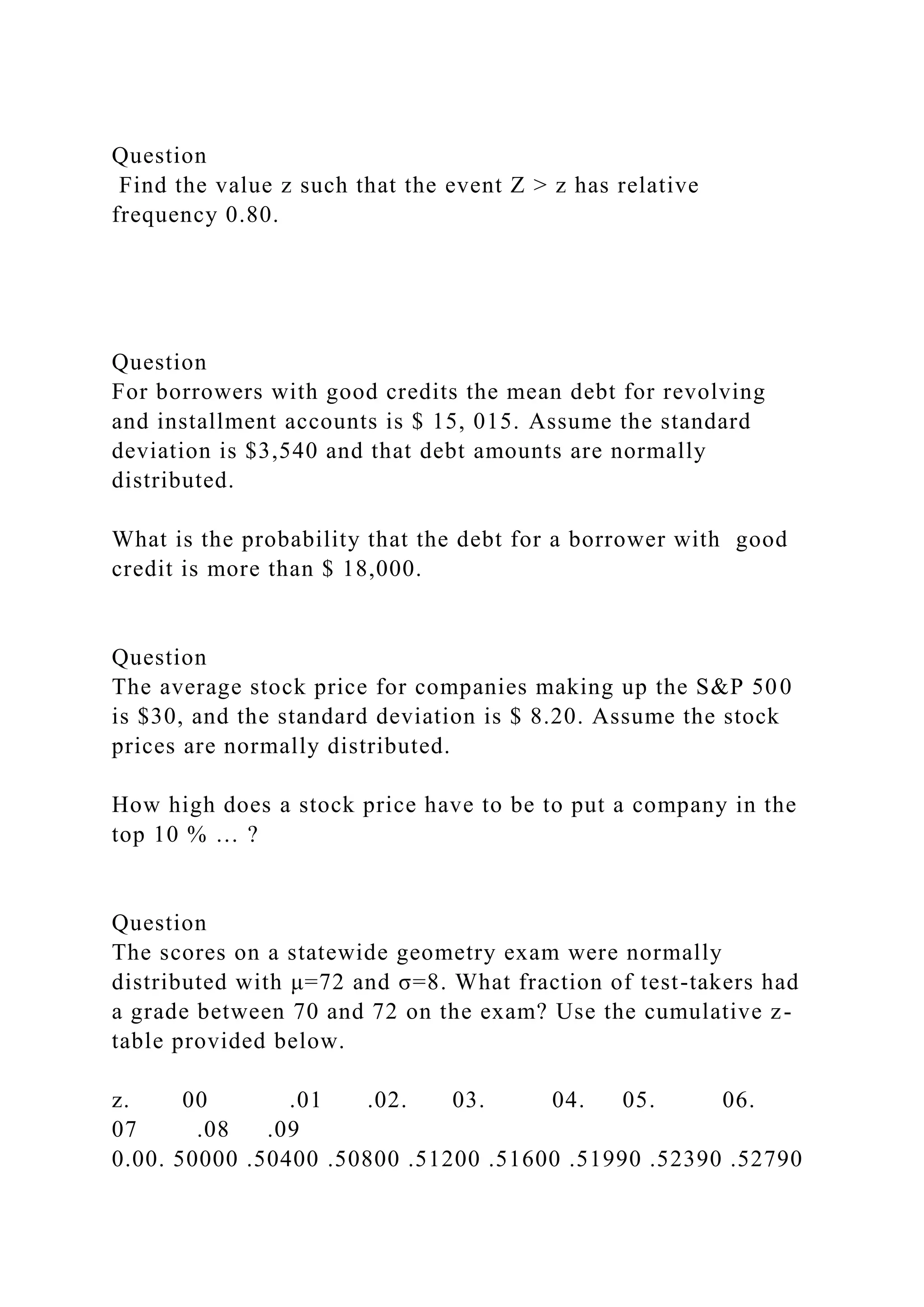 Question
Find the value z such that the event Z > z has relative
frequency 0.80.
Question
For borrowers with good credits the mean debt for revolving
and installment accounts is $ 15, 015. Assume the standard
deviation is $3,540 and that debt amounts are normally
distributed.
What is the probability that the debt for a borrower with good
credit is more than $ 18,000.
Question
The average stock price for companies making up the S&P 500
is $30, and the standard deviation is $ 8.20. Assume the stock
prices are normally distributed.
How high does a stock price have to be to put a company in the
top 10 % … ?
Question
The scores on a statewide geometry exam were normally
distributed with μ=72 and σ=8. What fraction of test-takers had
a grade between 70 and 72 on the exam? Use the cumulative z-
table provided below.
z. 00 .01 .02. 03. 04. 05. 06.
07 .08 .09
0.00. 50000 .50400 .50800 .51200 .51600 .51990 .52390 .52790
 