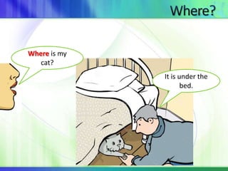 Where is my 
cat? 
It is under the 
bed. 
 