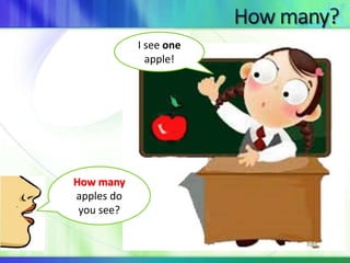 How many 
apples do 
you see? 
I see one 
apple! 
 