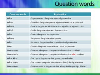 Question words Explanation 
What O que ou que - Pergunta sobre alguma coisa. 
When Quando – Pergunta quando algo aconteceu ou acontecerá. 
Where Onde – Pergunta o local onde está alguém ou alguma coisa. 
Which Qual – Pergunta sobre escolhas de coisas. 
Who Quem – Pergunta sobre pessoas. 
Whose De quem – Pergunta sobre posses. 
Why Por que – Pergunta sobre o motivo de alguma coisa. 
How Como – Pergunta a respeito de coisas ou pessoas. 
How many Quantos – Pergunta por quantidade de coisas contáveis. 
How much Quantos – Pergunta por quantidade de coisas não contáveis. 
What kind Que tipo – Pergunta sobre gostos, preferências. 
What time Que horas – pergunta sobre tempo (hora) de alguma coisa. 
How often Quantas vezes – Pergunta sobre a frequência que algo é feito. 
 