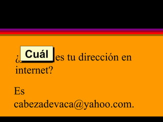 ¿______ es tu dirección en internet? Es cabezadevaca@yahoo.com. Cuál 