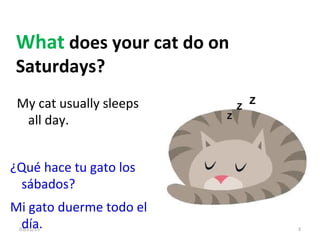03/21/15 3
What does your cat do on
Saturdays?
My cat usually sleeps
all day.
¿Qué hace tu gato los
sábados?
Mi gato duerme todo el
día.
Z
Z
Z
 