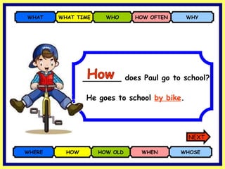 _______  does Paul go to school? WHERE HOW HOW OLD WHEN WHOSE WHAT WHAT TIME WHO HOW OFTEN WHY He goes to school  by bike . How NEXT 