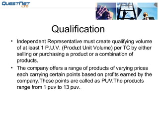Qualification Independent Representative must create qualifying volume of at least 1 P.U.V. (Product Unit Volume) per TC by either selling or purchasing a product or a combination of products. The company offers a range of products of varying prices each carrying certain points based on profits earned by the company.These points are called as PUV.The products range from 1 puv to 13 puv. 