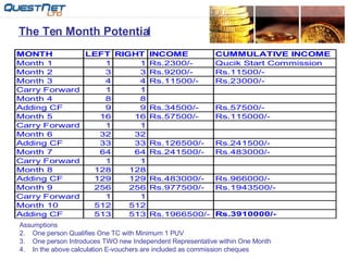 Assumptions One person Qualifies One TC with Minimum 1 PUV One person Introduces TWO new Independent Representative within One Month In the above calculation E-vouchers are included as commission cheques The Ten Month Potential 