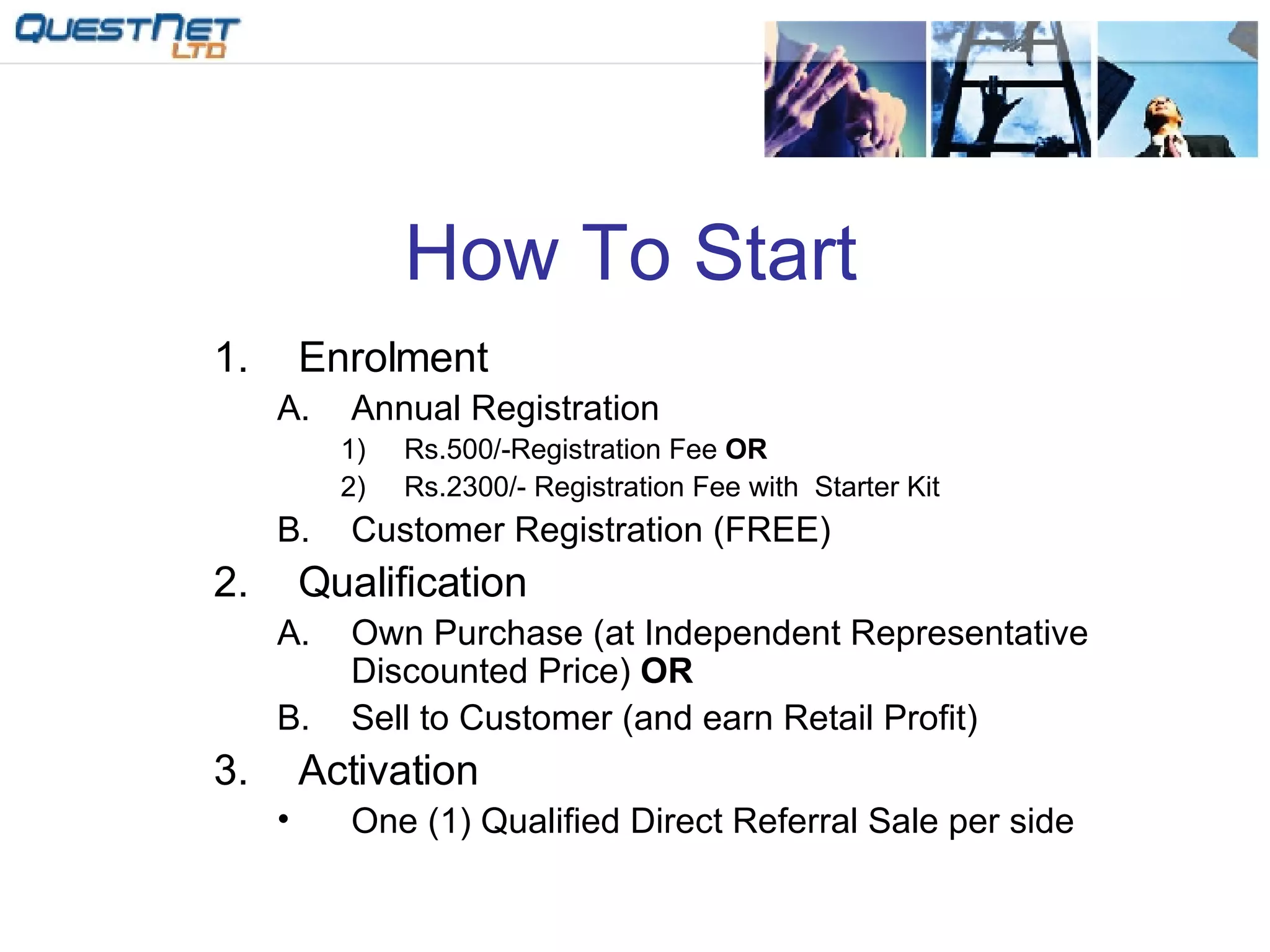 How To Start Enrolment Annual Registration Rs.500/-Registration Fee  OR Rs.2300/- Registration Fee with  Starter Kit Customer Registration (FREE) Qualification Own Purchase (at Independent Representative Discounted Price)  OR Sell to Customer (and earn Retail Profit) Activation One (1) Qualified Direct Referral Sale per side 